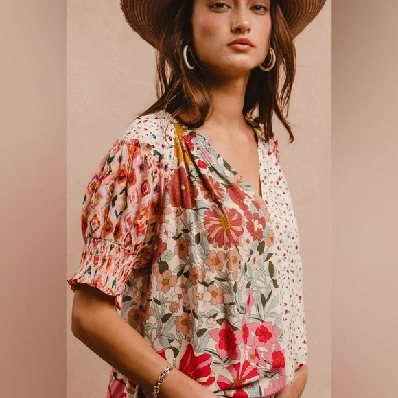Floral Patchwork Boho Peasant Top | Smocked Sleeve Woven Blouse - Picture 9 of 9